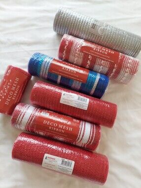 NWT Decorative Mesh Rolls - Red, Silver, Blue, Variety, 7 Rolls (70 Yds Total)